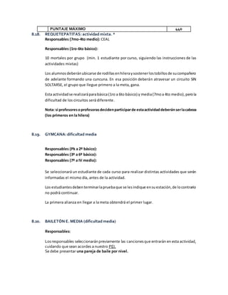 PUNTAJE MÁXIMO 440
8.18. REQUETEPATITAS: actividad mixta. *
Responsables (7mo-4to medio): CEAL
Responsables (1ro-6to básico):
10 mortales por grupo (min. 1 estudiante por curso, siguiendo las instrucciones de las
actividades mixtas)
Los alumnosdeberánubicarse de rodillasenhileraysostenerlostobillosde sucompañero
de adelante formando una cuncuna. En esa posición deberán atravesar un circuito SIN
SOLTARSE, el grupo que llegue primero a la meta, gana.
Esta actividadse realizaráparabásica (1ro a 6to básico) y media(7moa 4to medio),perola
dificultad de los circuitos será diferente.
Nota: si profesoresoprofesorasdecidenparticiparde estaactividaddeberánserlacabeza
(los primeros en la hilera)
8.19. GYMCANA: dificultad media
Responsables (Pk a 2º básico):
Responsables (3º a 6º básico):
Responsables (7º a IV medio):
Se seleccionará un estudiante de cada curso para realizar distintas actividades que serán
informadas el mismo día, antes de la actividad.
Los estudiantesdebenterminarlapruebaque se lesindique ensuestación,de locontrario
no podrá continuar.
La primera alianza en llegar a la meta obtendrá el primer lugar.
8.20. BAILETÓN E. MEDIA (dificultad media)
Responsables:
Losresponsables seleccionaránpreviamente las cancionesque entrarán en esta actividad,
cuidando que sean acordes a nuestro PEI.
Se debe presentar una pareja de baile por nivel.
 