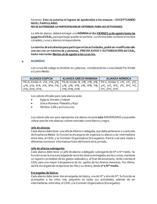horarios). Esto no autoriza el ingreso de apoderados a los ensayos – EXCEPTUANDO
NIVEL PARVULARIO.
NO SE AUTORIZARÁ LA PARTICIPACIONDE EXTERNOS PARA LAS ACTIVIDADES.
La Jefa de alianza deberá entregar una NÓMINAel día VIERNES 12de agosto hasta las
12:00 hrs al CEAL,paraqueluegoquedenenportería. Lanóminadebe contenerel nombre
completo, curso y alianza correspondiente.
Lanómina de estudiantesparaparticiparenlasactividades,podráser modificadasólo
una vez con un máximo de 3 personas, PREVIO AVISO Y AUTORIZACIÓN del CEAL,
hasta más tardar Martes 16 de agosto a las 12:00 hrs.
4. ALIANZAS
Loscursosdel colegio se dividirán en 3alianzas, considerandolos cursosdesde Pre-Kínder
a Cuarto Medio:
ALIANZA EGIPCIA ALIANZA GRECO-ROMANA ALIANZA NÒRDICA
PK-A, Kinder A. 1ºA, 2ºA, 3ºA,
4ºA, 5ºA, 6ºA, 7ºA, 8ºA, IºA,
IIºA, IIIºA, IVºA.
PK-B, Kinder B, 1ºB, 2ºB, 3ºB,
4ºB, 5ºB, 6ºB, 7ºB, 8ºB, IºB,
IIºB, IIIºB, IVºB
PK-C, Kinder C, 1ºC, 2ºC, 3ºC,
4ºC, 5ºC, 6ºC, 7ºC, 8ºC, IºC,
IIºC, IIIºC, IVºC
Los colores oficiales para cada alianza serán:
 Egipcia: Dorado y Celeste
 Greco-Romana: Plateado y Rojo
 Nórdica: Café y azul (oscuro).
Loscolores sólo son para representar a la alianza duranteeste ANIVERSARIOyse pueden
utilizar para las tres alianzas colores neutrales como blanco y negro.
Jefa de alianza:
Cada alianza debe tener unaJefade Alianza o delegada, que debe pertenecer a cuartoaño
de Enseñanza Media. Su funciónes encargarse de organizarsu alianza y ser intermediaria
entre ésta, el CEAL y la Comisión Organizadora (Encargados). Para lo cual será citada a
diferentes reuniones informativas fuera del horario de la jornada.
Jefa de alianza subrogante:
Cada alianza debe tener un jefe de alianza o delegado subrogante de IIIº o IVº medio. Su
funciónesser la únicaencargadade reunirlos dinerosentregados porlos cursos,mantener
un registro conboletas de los gastos realizados y, al final del aniversario, rendir cuentas al
CEAL para una mayor transparencia de los gastos de los dineros (tesorera). Por último,
será la encargada de recepcionar las rifas y su dinero, desde 7º a IVº medio.
Encargadas de básica:
Cada alianza debe tener dos encargadas de básica, una de III° y otra de IV°. Su función es
acompañar a los niños más pequeños en todas sus actividades, además de ser
intermediarias entre ésta, el CEAL y la Comisión Organizadora (Encargados).
 