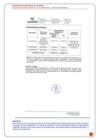 MUNICIPALIDAD PROVINCIAL DE HUANUCO
ADJUDICACION SIMPLIFICADA N° 07-2019-MPHCO/CS - BASES INTEGRADAS
30
Importante
Para determinar que los postores cuentan con las capacidades necesarias para ejecutar el contrato, el órgano
encargado de las contrataciones o el comité de selección, según corresponda, incorpora los requisitos de
calificación previstos por el área usuaria en el requerimiento, no pudiendo incluirse requisitos adicionales, ni
distintos a los siguientes:
 
