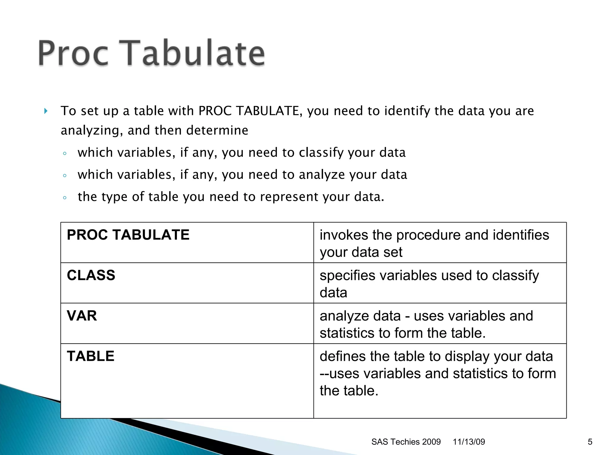 To set up a table with PROC TABULATE, you need to identify the data you are analyzing, and then determine  which variables, if any, you need to classify your data  which variables, if any, you need to analyze your data  the type of table you need to represent your data.  SAS Techies 2009 11/13/09 PROC TABULATE invokes   the procedure and identifies your data set CLASS specifies variables used to classify   data VAR analyze data - uses variables and statistics to form the table. TABLE defines the table to display your data --uses variables and statistics to form the table. 
