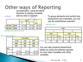 SAS Techies 2009 To group elements and control how expressions are evaluated, you can use the parentheses operator. You can also produce hierarchical  tables by using the asterisk operator  to cross class variables with other variables.  concatenation, using the blank  Operator to display variables  side by side or stacked  11/13/09 table height*mean weight*mean,sex all;   table sex,actlevel*age*max;   table type*(sex all);   