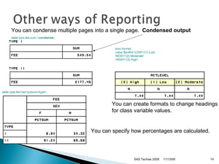 SAS Techies 2009 You can condense multiple pages into a single page.  Condensed output You can specify how percentages are calculated.  You can create formats to change headings  for class variable values.  11/13/09 table type,fee,sum /  condense ;   table type,fee*sex*pctsum<type>;   proc format;   value $actfmt 'LOW'='(1) Low'   'MOD'='(2) Moderate'   'HIGH'='(3) High';   