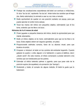UNIVERSIDAD TÉCNICA DE ORURO
FACULTAD DE CIENCIAS DE LA SALUD
PROGRAM A DE ATENCIÓN TEM PRANA Y EDUCACIÓN INFANTIL
15
Festejar las vocalizaciones espontáneas del bebé con sonrisas e imitaciones.
Si dice “ba ba ba”, repitiendo “ba ba ba”. Imitar todos los sonidos que él haga
(tos, llanto estornudos) lo animará a usar su voz más a menudo.
Darle oportunidad de quedar en una posición sentada con apoyo, para que
pueda ejercitar el control de la cabeza.
Tocar las manos del niño/a con pequeños objetos, estimulando que él los
tome, evitando que los lleve a la boca.
Niños/as de 4 a 6 meses de edad
Poner juguetes a pequeña distancia del niño/a, dando la oportunidad para que
intente alcanzarlos.
Darle al niño/a objetos en la mano, estimulándolo para que se los lleve a la
boca. Estos objetos deben ser seguros (grandes, sin pilas)
Proporcionarle estímulos sonoros, fuera de su alcance visual, para que
localice el sonido.
Empezar a introducir al bebé en los sonidos del ambiente hogareño. Cuando
golpean la puerta o entra alguien a la habitación o suena el teléfono, decir:
¿Quién será?. De esta manera, el niño/a comenzará a prestar atención a los
sonidos que son destacados por los padres.
Estimular al niño/a batiendo palmas o jugando, para que pase solo de la
posición supina (de espaldas) a la pronación (de “barriga”)
Sostenerlo y bailar al compás de alguna melodía. Al bebé le gusta que lo
balanceen.
 
