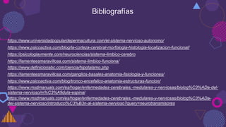 Bibliografías
https://www.universidadpopulardepermacultura.com/el-sistema-nervioso-autonomo/
https://www.psicoactiva.com/blog/la-corteza-cerebral-morfologia-histologia-localizacion-funcional/
https://psicologiaymente.com/neurociencias/sistema-limbico-cerebro
https://lamenteesmaravillosa.com/sistema-limbico-funciona/
https://www.definicionabc.com/ciencia/hipotalamo.php
https://lamenteesmaravillosa.com/ganglios-basales-anatomia-fisiologia-y-funciones/
https://www.psicoactiva.com/blog/tronco-encefalico-anatomia-estructuras-funcion/
https://www.msdmanuals.com/es/hogar/enfermedades-cerebrales,-medulares-y-nerviosas/biolog%C3%ADa-del-
sistema-nervioso/m%C3%A9dula-espinal
https://www.msdmanuals.com/es/hogar/enfermedades-cerebrales,-medulares-y-nerviosas/biolog%C3%ADa-
del-sistema-nervioso/introducci%C3%B3n-al-sistema-nervioso?query=neurotransmisores
 