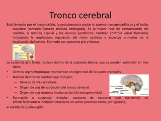 Tronco cerebral
Está formado por el mesencéfalo, la protuberancia anular (o puente troncoencefálico) y el bulbo
raquídeo (también llamado médula oblongada). Es la mayor ruta de comunicación del
cerebro, la médula espinal y los nervios periféricos. También controla varias funciones
incluyendo la respiración, regulación del ritmo cardíaco y aspectos primarios de la
localización del sonido. Formado por sustancia gris y blanca.
La sustancia gris forma núcleos dentro de la sustancia blanca, que se pueden subdividir en tres
tipos:
• Centros segmentariosque representan el origen real de los pares craneales.
• Núcleos del tronco cerebral que incluyen:
– Relevos de vías sensitivas.
– Origen de vías de asociación del tronco cerebral.
– Origen de vías motoras involuntarias (vía extrapiramidal).
• Formación o sustancia reticular: conjunto de neuronas que ejerciendo un
efecto facilitador o inhibidor interviene en varios procesos como, por ejemplo,
el estado de sueño-vigilia.
 