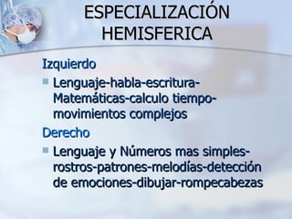 ESPECIALIZACIÓN
         HEMISFERICA
Izquierdo
 Lenguaje-habla-escritura-
  Matemáticas-calculo tiempo-
  movimientos complejos
Derecho
 Lenguaje y Números mas simples-
  rostros-patrones-melodías-detección
  de emociones-dibujar-rompecabezas
 