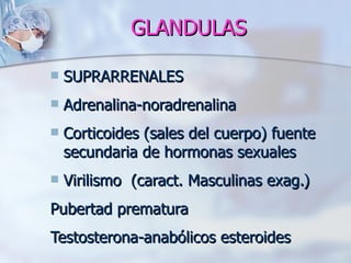 GLANDULAS

   SUPRARRENALES
   Adrenalina-noradrenalina
   Corticoides (sales del cuerpo) fuente
    secundaria de hormonas sexuales
   Virilismo (caract. Masculinas exag.)
Pubertad prematura
Testosterona-anabólicos esteroides
 