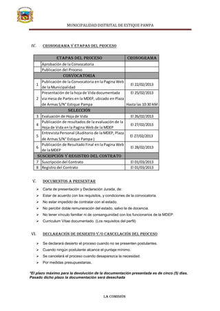 MUNICIPALIDAD DISTRITAL DE ESTIQUE PAMPA




 IV.       Cronograma y etapas del proceso


                   ETAPAS DEL PROCESO                         CRONOGRAMA
           Aprobación de la Convocatoria
           Publicacion del Proceso
                       CONVOCATORIA
         Publicación de la Convocatoria en la Pagina Web
       1                                                   El 22/02/2013
         de la Municipalidad
         Presentación de la hoja de Vida documentada       El 25/02/2013
       2 via mesa de Partes en la MDEP, ubicado en Plaza
         de Armas S/N° Estique Pampa                     Hasta las 10:30 AM
                          SELECCIÓN
       3 Evaluación de Hoja de Vida                             El 26/02/2013
         Publicación de resultados de la evaluación de la
       4                                                        El 27/02/2013
         Hoja de Vida en la Pagina Web de la MDEP
         Entrevista Personal (Auditorio de la MDEP, Plaza
       5                                                        El 27/02/2013
         de Armas S/N° Estique Pampa )
         Publicación de Resultado Final en la Pagina Web
       6                                                        El 28/02/2013
         de la MDEP
       SUSCRIPCIÓN Y REGISTRO DEL CONTRATO
       7 Suscripción del Contrato                               El 01/03/2013
       8 Registro del Contrato                                  El 01/03/2013


 V.        Documentos a presentar
          Carta de presentación y Declaración Jurada, de:
          Estar de acuerdo con los requisitos, y condiciones de la convocatoria.
          No estar impedido de contratar con el estado.
          No percibir doble remuneración del estado, salvo la de docencia.
          No tener vínculo familiar ni de consanguinidad con los funcionarios de la MDEP.
          Curriculum Vitae documentado. (Los requisitos del perfil)


 VI.       Declaración de desierto y/o cancelación del proceso

          Se declarará desierto el proceso cuando no se presenten postulantes.
          Cuando ningún postulante alcance el puntaje mínimo.
          Se cancelará el proceso cuando desaparezca la necesidad.
          Por medidas presupuestarias.

*El plazo máximo para la devolución de la documentación presentada es de cinco (5) días.
Pasado dicho plazo la documentación será desechada




                                                La comisión
 