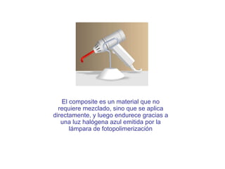 El composite es un material que no requiere mezclado, sino que se aplica directamente, y luego endurece gracias a una luz halógena azul emitida por la lámpara de fotopolimerización 