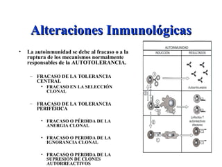 Alteraciones InmunológicasAlteraciones Inmunológicas
• La autoinmunidad se debe al fracaso o a la
ruptura de los mecanismos normalmente
responsables de la AUTOTOLERANCIA.
– FRACASO DE LA TOLERANCIA
CENTRAL
• FRACASO EN LA SELECCIÓN
CLONAL
– FRACASO DE LA TOLERANCIA
PERIFÉRICA
• FRACASO O PÉRDIDA DE LA
ANERGIA CLONAL
• FRACASO O PERDIDA DE LA
IGNORANCIA CLONAL
• FRACASO O PERDIDA DE LA
SUPRESIÓN DE CLONES
AUTORREACTIVOS
 