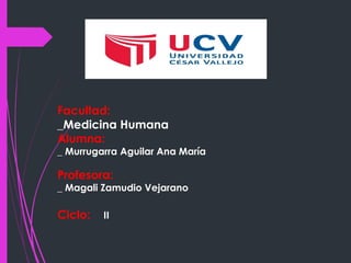 Facultad:
_Medicina Humana
Alumna:
_ Murrugarra Aguilar Ana María
Profesora:
_ Magali Zamudio Vejarano
Ciclo: II
UCV
 