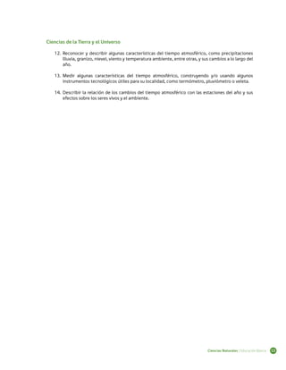 Ciencias de la Tierra y el Universo

   12.	 Reconocer y describir algunas características del tiempo atmosférico, como precipitaciones
        (lluvia, granizo, nieve), viento y temperatura ambiente, entre otras, y sus cambios a lo largo del
        año.

   13.	 Medir algunas características del tiempo atmosférico, construyendo y/o usando algunos
        instrumentos tecnológicos útiles para su localidad, como termómetro, pluviómetro o veleta.

   14.	 Describir la relación de los cambios del tiempo atmosférico con las estaciones del año y sus
        efectos sobre los seres vivos y el ambiente.




                                                                                  Ciencias Naturales | Educación Básica   13
 