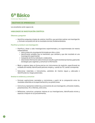 22
6°Básico
Ciencias Naturales
OBJETIVOS DE APRENDIZAJE
Los estudiantes serán capaces de:
HABILIDADES DE INVESTIGACIÓN CIENTÍFICA
Observar y preguntar
•	 Identificar preguntas simples de carácter científico, que permitan realizar una investigación
y formular una predicción de los resultados de ésta, fundamentándolos.
Planificar y conducir una investigación
•	 Planificar y llevar a cabo investigaciones experimentales y no experimentales de manera
independiente:
•	 sobre la base de una pregunta formulada por ellos u otros
•	 identificando variables que se mantienen, que cambian y que dan resultado en una
investigación experimental
•	 trabajando de forma individual o colaborativa
•	 obteniendo información sobre el tema en estudio a partir de diversas fuentes y aplicando
estrategias para organizar y comunicar la información
•	 Medir y registrar datos en forma precisa con instrumentos de medición, especificando las
unidades de medida, identificando patrones simples y usando las TIC cuando corresponda.
•	
•	 Seleccionar materiales e instrumentos, usándolos de manera segura y adecuada e
identificando los riesgos potenciales.
Analizar la evidencia y comunicar
•	 Formular explicaciones razonables y conclusiones, a partir de la comparación entre los
resultados obtenidos en la experimentación y sus predicciones.
•	 Comunicar y representar evidencias y conclusiones de una investigación, utilizando modelos,
presentaciones, TIC e informes, entre otros.
•	 Reflexionar, comunicar y proponer mejoras en sus investigaciones, identificando errores y
aspectos a mejorar en sus procedimientos.
 