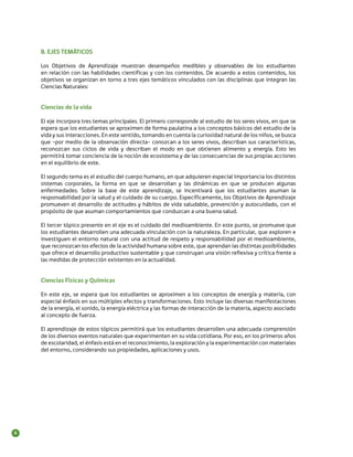 6
B. EJES TEMÁTICOS
Los Objetivos de Aprendizaje muestran desempeños medibles y observables de los estudiantes
en relación con las habilidades científicas y con los contenidos. De acuerdo a estos contenidos, los
objetivos se organizan en torno a tres ejes temáticos vinculados con las disciplinas que integran las
Ciencias Naturales:
Ciencias de la vida
El eje incorpora tres temas principales. El primero corresponde al estudio de los seres vivos, en que se
espera que los estudiantes se aproximen de forma paulatina a los conceptos básicos del estudio de la
vida y sus interacciones. En este sentido, tomando en cuenta la curiosidad natural de los niños, se busca
que -por medio de la observación directa- conozcan a los seres vivos, describan sus características,
reconozcan sus ciclos de vida y describan el modo en que obtienen alimento y energía. Esto les
permitirá tomar conciencia de la noción de ecosistema y de las consecuencias de sus propias acciones
en el equilibrio de este.
El segundo tema es el estudio del cuerpo humano, en que adquieren especial importancia los distintos
sistemas corporales, la forma en que se desarrollan y las dinámicas en que se producen algunas
enfermedades. Sobre la base de este aprendizaje, se incentivará que los estudiantes asuman la
responsabilidad por la salud y el cuidado de su cuerpo. Específicamente, los Objetivos de Aprendizaje
promueven el desarrollo de actitudes y hábitos de vida saludable, prevención y autocuidado, con el
propósito de que asuman comportamientos que conduzcan a una buena salud.
El tercer tópico presente en el eje es el cuidado del medioambiente. En este punto, se promueve que
los estudiantes desarrollen una adecuada vinculación con la naturaleza. En particular, que exploren e
investiguen el entorno natural con una actitud de respeto y responsabilidad por el medioambiente,
que reconozcan los efectos de la actividad humana sobre este, que aprendan las distintas posibilidades
que ofrece el desarrollo productivo sustentable y que construyan una visión reflexiva y crítica frente a
las medidas de protección existentes en la actualidad.
Ciencias Físicas y Químicas
En este eje, se espera que los estudiantes se aproximen a los conceptos de energía y materia, con
especial énfasis en sus múltiples efectos y transformaciones. Esto incluye las diversas manifestaciones
de la energía, el sonido, la energía eléctrica y las formas de interacción de la materia, aspecto asociado
al concepto de fuerza.
El aprendizaje de estos tópicos permitirá que los estudiantes desarrollen una adecuada comprensión
de los diversos eventos naturales que experimenten en su vida cotidiana. Por eso, en los primeros años
de escolaridad, el énfasis está en el reconocimiento, la exploración y la experimentación con materiales
del entorno, considerando sus propiedades, aplicaciones y usos.
 
