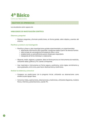 4° Básico
     Ciencias Naturales
      OBJETIVOS DE APRENDIZAJE

     Los estudiantes serán capaces de:

     HABILIDADES DE INVESTIGACIÓN CIENTÍFICA

     Observar y preguntar

            •	 Plantear preguntas y formular predicciones, en forma guiada, sobre objetos y eventos del
               entorno.

     Planificar y conducir una investigación

            •	 Planificar y llevar a cabo investigaciones guiadas experimentales y no experimentales:
                  •	 obteniendo información para responder a preguntas dadas a partir de diversas fuentes
                  •	 sobre la base de una pregunta formulada por ellos u otros
                  •	 estableciendo un procedimiento previo simple para responderla
                  •	 trabajando de forma individual o colaborativa

            •	 Observar, medir, registrar y comparar datos en forma precisa con instrumentos de medición,
               utilizando tablas, gráficos y TIC cuando corresponda.

            •	 Usar materiales e instrumentos en forma segura y autónoma, como reglas, termómetros y
               vasos graduados, entre otros, para hacer observaciones y mediciones.

     Analizar la evidencia y comunicar

            •	 Comparar sus predicciones con la pregunta inicial, utilizando sus observaciones como
               evidencia para apoyar ideas.

            •	 Comunicar ideas, explicaciones, observaciones y mediciones, utilizando diagramas, modelos
               físicos, informes y presentaciones, usando TIC.




16
 