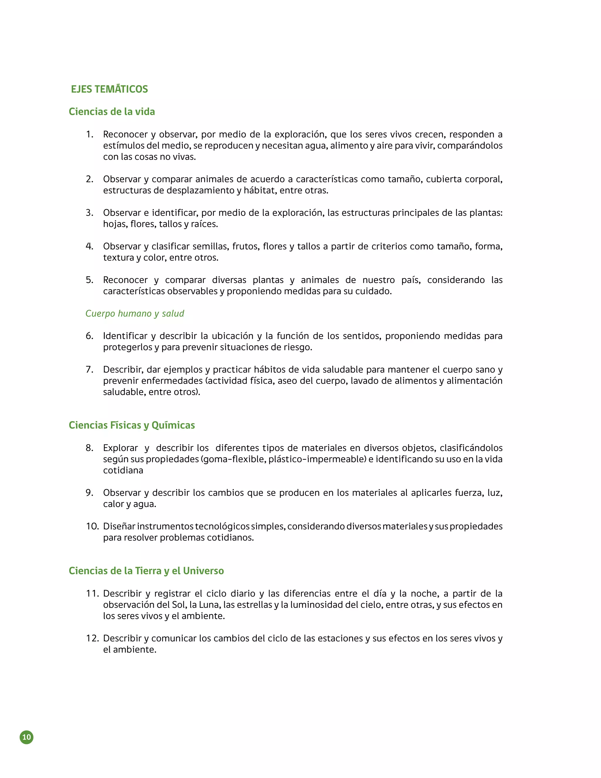 EJES TEMÁTICOS

     Ciencias de la vida

        1.	 Reconocer y observar, por medio de la exploración, que los seres vivos crecen, responden a
            estímulos del medio, se reproducen y necesitan agua, alimento y aire para vivir, comparándolos
            con las cosas no vivas.

        2.	 Observar y comparar animales de acuerdo a características como tamaño, cubierta corporal,
            estructuras de desplazamiento y hábitat, entre otras.

        3.	 Observar e identificar, por medio de la exploración, las estructuras principales de las plantas:
            hojas, flores, tallos y raíces.

        4.	 Observar y clasificar semillas, frutos, flores y tallos a partir de criterios como tamaño, forma,
            textura y color, entre otros.

        5.	 Reconocer y comparar diversas plantas y animales de nuestro país, considerando las
            características observables y proponiendo medidas para su cuidado.

        Cuerpo humano y salud

        6.	 Identificar y describir la ubicación y la función de los sentidos, proponiendo medidas para
            protegerlos y para prevenir situaciones de riesgo.

        7.	 Describir, dar ejemplos y practicar hábitos de vida saludable para mantener el cuerpo sano y
            prevenir enfermedades (actividad física, aseo del cuerpo, lavado de alimentos y alimentación
            saludable, entre otros).


     Ciencias Físicas y Químicas

        8.	 Explorar y describir los diferentes tipos de materiales en diversos objetos, clasificándolos
            según sus propiedades (goma-flexible, plástico-impermeable) e identificando su uso en la vida
            cotidiana

        9.	 Observar y describir los cambios que se producen en los materiales al aplicarles fuerza, luz,
            calor y agua.

        10.	 Diseñar instrumentos tecnológicos simples, considerando diversos materiales y sus propiedades
             para resolver problemas cotidianos.


     Ciencias de la Tierra y el Universo

        11.	 Describir y registrar el ciclo diario y las diferencias entre el día y la noche, a partir de la
             observación del Sol, la Luna, las estrellas y la luminosidad del cielo, entre otras, y sus efectos en
             los seres vivos y el ambiente.

        12.	 Describir y comunicar los cambios del ciclo de las estaciones y sus efectos en los seres vivos y
             el ambiente.




10
 