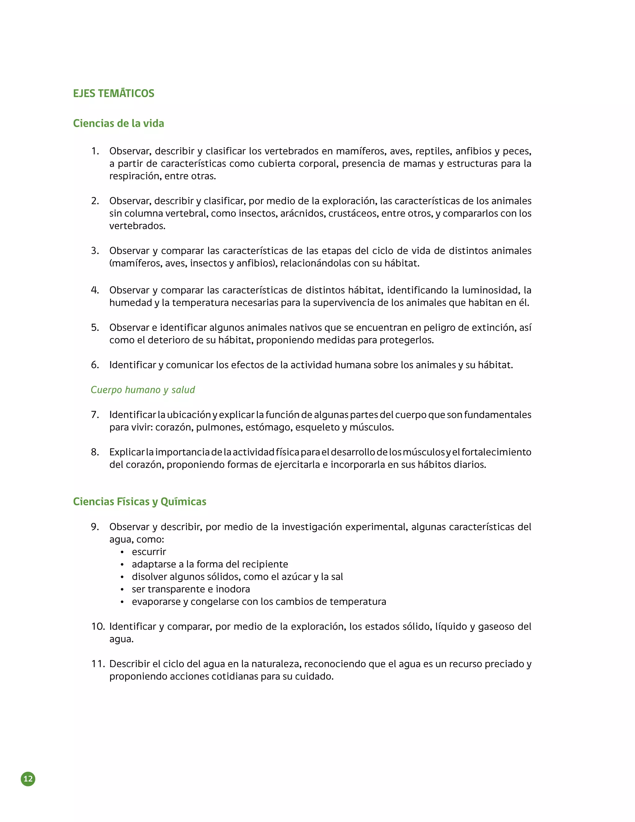EJES TEMÁTICOS

     Ciencias de la vida

        1.	 Observar, describir y clasificar los vertebrados en mamíferos, aves, reptiles, anfibios y peces,
            a partir de características como cubierta corporal, presencia de mamas y estructuras para la
            respiración, entre otras.

        2.	 Observar, describir y clasificar, por medio de la exploración, las características de los animales
            sin columna vertebral, como insectos, arácnidos, crustáceos, entre otros, y compararlos con los
            vertebrados.

        3.	 Observar y comparar las características de las etapas del ciclo de vida de distintos animales
            (mamíferos, aves, insectos y anfibios), relacionándolas con su hábitat.

        4.	 Observar y comparar las características de distintos hábitat, identificando la luminosidad, la
            humedad y la temperatura necesarias para la supervivencia de los animales que habitan en él.

        5.	 Observar e identificar algunos animales nativos que se encuentran en peligro de extinción, así
            como el deterioro de su hábitat, proponiendo medidas para protegerlos.

        6.	 Identificar y comunicar los efectos de la actividad humana sobre los animales y su hábitat.

        Cuerpo humano y salud

        7.	 Identificar la ubicación y explicar la función de algunas partes del cuerpo que son fundamentales
            para vivir: corazón, pulmones, estómago, esqueleto y músculos.

        8.	 Explicar la importancia de la actividad física para el desarrollo de los músculos y el fortalecimiento
            del corazón, proponiendo formas de ejercitarla e incorporarla en sus hábitos diarios.


     Ciencias Físicas y Químicas

        9.	 Observar y describir, por medio de la investigación experimental, algunas características del
            agua, como:
              •	 escurrir
              •	 adaptarse a la forma del recipiente
              •	 disolver algunos sólidos, como el azúcar y la sal
              •	 ser transparente e inodora
              •	 evaporarse y congelarse con los cambios de temperatura

        10.	 Identificar y comparar, por medio de la exploración, los estados sólido, líquido y gaseoso del
             agua.

        11.	 Describir el ciclo del agua en la naturaleza, reconociendo que el agua es un recurso preciado y
             proponiendo acciones cotidianas para su cuidado.




12
 