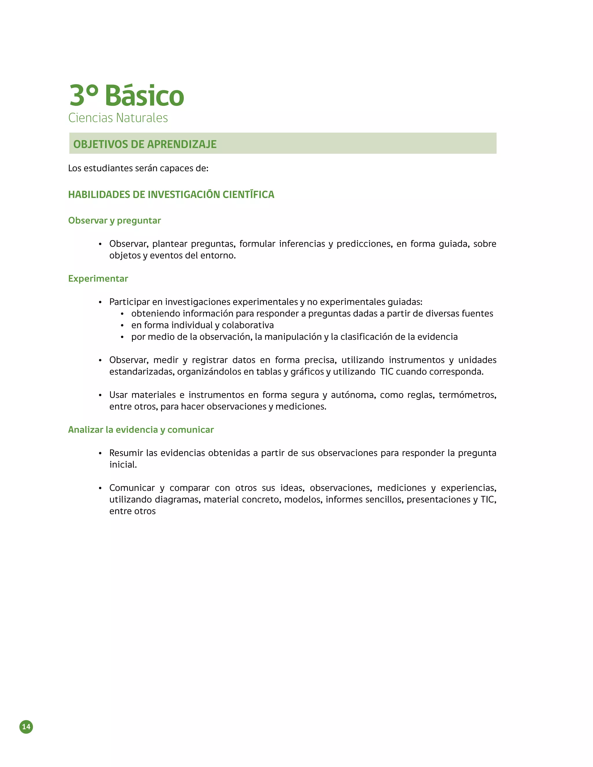 3° Básico
     Ciencias Naturales
      OBJETIVOS DE APRENDIZAJE

     Los estudiantes serán capaces de:

     HABILIDADES DE INVESTIGACIÓN CIENTÍFICA

     Observar y preguntar

            •	 Observar, plantear preguntas, formular inferencias y predicciones, en forma guiada, sobre
               objetos y eventos del entorno.

     Experimentar

            •	 Participar en investigaciones experimentales y no experimentales guiadas:
                 •	 obteniendo información para responder a preguntas dadas a partir de diversas fuentes
                 •	 en forma individual y colaborativa
                 •	 por medio de la observación, la manipulación y la clasificación de la evidencia

            •	 Observar, medir y registrar datos en forma precisa, utilizando instrumentos y unidades
               estandarizadas, organizándolos en tablas y gráficos y utilizando TIC cuando corresponda.

            •	 Usar materiales e instrumentos en forma segura y autónoma, como reglas, termómetros,
               entre otros, para hacer observaciones y mediciones.

     Analizar la evidencia y comunicar

            •	 Resumir las evidencias obtenidas a partir de sus observaciones para responder la pregunta
               inicial.

            •	 Comunicar y comparar con otros sus ideas, observaciones, mediciones y experiencias,
               utilizando diagramas, material concreto, modelos, informes sencillos, presentaciones y TIC,
               entre otros




14
 
