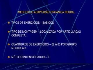 MESOCICLO ADAPTAÇÃO ORGÂNICA NEURAL
TIPOS DE EXERCÍCIOS – BÁSICOS;
TIPO DE MONTAGEM – LOCALIZADA POR ARTICULAÇÃO
COMPLETA;
QUANTIDADE DE EXERCÍCIOS – 02 A 03 POR GRUPO
MUSCULAR;

MÉTODO INTENSIFICADOR – ?

 