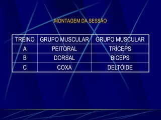 MONTAGEM DA SESSÃO

TREINO GRUPO MUSCULAR

GRUPO MUSCULAR

A
B

PEITORAL
DORSAL

TRÍCEPS
BÍCEPS

C

COXA

DELTÓIDE

 