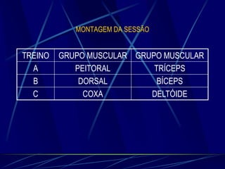 MONTAGEM DA SESSÃO

TREINO
A
B
C

GRUPO MUSCULAR GRUPO MUSCULAR
PEITORAL
TRÍCEPS
DORSAL
BÍCEPS
COXA
DELTÓIDE

 