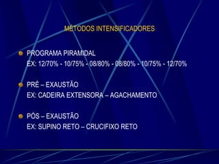 MÉTODOS INTENSIFICADORES

PROGRAMA PIRAMIDAL
EX: 12/70% - 10/75% - 08/80% - 08/80% - 10/75% - 12/70%
PRÉ – EXAUSTÃO
EX: CADEIRA EXTENSORA – AGACHAMENTO
PÓS – EXAUSTÃO
EX: SUPINO RETO – CRUCIFIXO RETO

 