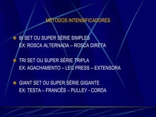 MÉTODOS INTENSIFICADORES

BI SET OU SUPER SÉRIE SIMPLES
EX: ROSCA ALTERNADA – ROSCA DIRETA
TRI SET OU SUPER SÉRIE TRIPLA
EX: AGACHAMENTO – LEG PRESS – EXTENSORA
GIANT SET OU SUPER SÉRIE GIGANTE
EX: TESTA – FRANCÊS – PULLEY - CORDA

 
