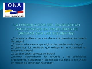 ¿Cuál es el problema que mas afecta a la comunidad en materia
de drogas?
¿Cuáles son las causas que originan los problemas de drogas?
¿Cuáles son los conflictos que existen en tu comunidad en
materia de drogas?
¿Cuál es el origen de estos conflictos?
¿estamos aprovechando los recursos y las condiciones
organizativas, geográficas y económicas que tiene la comunidad
en materia de prevención de drogas?
 