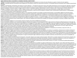 BASES COMICIALES PARA LA ELECCIÓN DE LA ASAMBLEA NACIONAL CONSTITUYENTE 
Primero: Se considerarán aprobadas las bases comiciales de la Asamblea Nacional Constituyente si el número de votos afirmativos es superior al número de votos negativos. 
Segundo: La Asamblea Nacional Constituyente estará integrada por 165 miembros y tendrá una conformación unicameral. A la Asamblea Nacional Constituyente sólo se elegirán representantes principales. 
Tercero: Los 165 diputados constituyentes serán electos en la forma siguiente: 1.- Se producirá la elección de ciento cuatro (104) constituyentes en 24 circunscripciones regionales a través del voto uninominal, coincidentes con los estados y el Distrito Capital, de acuerdo con su número de habitantes, quedando configurada de la siguiente forma: Entidades Constituyentes: Distrito Capital 8, Anzoátegui 5, Amazonas 2, Apure 2, Aragua 6, Barinas 3, Bolívar 5, Carabobo 9, Cojedes 2, Delta Amacuro 2, Falcón 3, Guárico 2, Lara 7, Nueva Esparta 2, Mérida 3, Miranda 11, Monagas 3, Portuguesa 3, Sucre 3, Táchira 4 , Trujillo 2, Vargas 2, Yaracuy 2, Zulia 13. El elector dispondrá de tantos votos como constituyentes a escoger tenga la circunscripción. 
2.- En la circunscripción nacional se elegirán cincuenta y ocho (58) constituyentes a través de voto lista mediante el método D’Hondt, representando a partidos políticos o individualidades inscritas por iniciativa propia. El elector dispondrá de un solo voto. 
3.- En atención al derecho humano a la participación política y a los compromisos asumidos en los tratados y acuerdos internacionales, las comunidades indígenas de Venezuela estarán representadas por tres (3) constituyentes electos, de acuerdo a la previsión Constitucional y reglamentaria dictada por el Consejo Nacional Electoral, tomando en cuenta sus costumbres y prácticas ancestrales. Atendiendo a la pluralidad de culturas existentes en las distintas regiones del país, se tendrán tres circunscripciones indígenas de un (1) constituyente cada una. 
Cuarto: La postulación de los candidatos se podrá presentar en alguna de las siguientes formas: 1.- Por iniciativa propia. 2.- Por iniciativa de los partidos políticos legalmente constituidos. 3.- Por iniciativa de cualquiera de los sectores de la sociedad civil interesados en participar en el proceso. Se podrá ser candidato sólo en una circunscripción, ya sea en la regional o en la nacional. 
Cuando la forma de postulación sea por iniciativa propia o por iniciativa de cualquiera de los sectores de la sociedad civil interesados en participar en el proceso, se deberá cumplir con los siguientes parámetros: 
a) Para ser postulado candidato en la circunscripción nacional se requiere como mínimo 20.000 firmas de electores. 
b) Para ser postulado candidato en una circunscripción regional se requerirá como mínimo la cifra porcentual de 0,50% en todo el país de la media de la población general por cada rango. Por estado se requieren las siguientes firmas: Distrito Capital 8100 firmas, Anzoátegui 5079 firmas, Apure 1575 firmas, Aragua 5845 firmas, Barinas 2660 firmas, Bolívar 4718 firmas, Carabobo 7630 firmas, Cojedes 1128 firmas, Falcón 3180 firmas, Guárico 2517 firmas, Lara 6005 firmas, Mérida 2915 firmas, Miranda 9969 firmas, Monagas 2990 firmas, Nueva Esparta 1686 firmas, Portuguesa 2904 firmas, Sucre 3127 firmas, Táchira 4119 firmas, Trujillo 2520 firmas, Yaracuy 2025 firmas, Zulia 11942 firmas, Amazonas 493 firmas, Delta Amacuro 571 firmas, Vargas 1325 firmas. 
Quinto: El tiempo de funcionamiento de la Asamblea Nacional Constituyente será de 180 días contados a partir del día de su instalación. 
Sexto: Para ser representante a la Asamblea Nacional Constituyente se requerirán las condiciones generales de elegibilidad: ser venezolano por nacimiento y mayor de 21 años. Los constituyentes electos gozarán de inmunidad en los términos que consagrará la Asamblea Nacional Constituyente. 
Séptimo: No podrán ser elegidos representantes a la Asamblea Nacional Constituyente: el presidente de la República, los ministros, los presidentes y directores de los institutos autónomos o empresas del Estado, los gobernadores y secretarios de gobierno de los estados, los diputados a la Asamblea Nacional, los diputados a los Consejos Legislativos de los estados, los alcaldes y concejales, magistrados del Tribunal Suprema de Justicia, Dirección Ejecutiva de la Magistratura y demás jueces de la República, el fiscal general, el contralor general, el procurador general de la República, el defensor del pueblo, los militares activos y los miembros del Consejo Nacional Electoral; a menos que renuncien dentro de los 15 días siguientes a la convocatoria de las elecciones de los miembros de la Asamblea Nacional Constituyente. El cargo de constituyente exige la dedicación exclusiva a los deberes inherentes a esta alta función, por lo que es incompatible con cualquier otro destino público o privado. 
Octavo: Una vez instalada la Asamblea Nacional Constituyente, como poder originario que recoge la soberanía popular, deberá dictar sus propios estatutos de funcionamiento, teniendo como límites los valores y principios de nuestra historia republicana, así como el cumplimiento de los tratados internacionales, acuerdos y compromisos válidamente suscritos por la República, el carácter progresivo de los derechos fundamentales del hombre y las garantías democráticas dentro del más absoluto respeto de los compromisos asumidos. 
Noveno: La Constitución que redacte la Asamblea Nacional Constituyente será sometida a referendo dentro de los 30 días continuos a su sanción. La Constitución quedará definitivamente aprobada si el número de votos afirmativos es superior al número de votos negativos. 
Décimo: Se exigen las siguientes condiciones electorales: a) Durante la campaña electoral se prohíben las cadenas presidenciales por radio y televisión, salvo haberse decretado estados de excepción (alarma, emergencia económica y conmoción interior o exterior), quedando expresamente prohibido hacer propaganda de índole político y electoral. b) Para las candidaturas por lista a nivel nacional, el Estado garantizará de forma obligatoria igualdad de tiempo en medios de comunicación, incluyendo los canales del Estado, e igual acceso a espacios públicos de opinión para la propaganda y promoción de los distintos factores. De igual manera, se garantizará para los candidatos de las circunscripciones regionales, un mecanismo equitativo para la propaganda electoral. c) Se elimina el uso de captahuellas en el proceso de votación. d) En el proceso de verificación ciudadana se efectuará una auditoría completa a los fines de verificar que coincidan el número de boletas con el número de electores firmantes en el cuaderno de votación. e) Se permitirá a todos los factores participantes en el proceso el acceso a los cuadernos de votación durante un lapso de 72 horas siguientes a la culminación de las votaciones. 
Undécimo: Una vez llevada a cabo la recolección de firmas del quince por ciento (15%) de los electores inscritos en el registro electoral exigido por la actual Constitución para la iniciativa de convocatoria a la Asamblea Nacional Constituyente, éstas deberán ser consignadas ante el Consejo Nacional Electoral. A partir de la recepción de las firmas, este organismo electoral tiene un lapso de 30 días continuos para validarlas, concluidos éstos deberá convocar dentro de los 30 días continuos siguientes, a un referéndum aprobatorio de las bases comiciales. Aprobadas las bases comiciales, el ente electoral establecerá un lapso de postulaciones de 15 días continuos y deberá convocar a las elecciones de los miembros de la Asamblea Nacional Constituyente, las cuales deberán celebrarse dentro de los sesenta (60) días continuos contados a partir de la aprobación de sus bases comiciales. Los constituyentes deberán instalar la Asamblea Nacional Constituyente cinco (5) días después de su elección. 
 