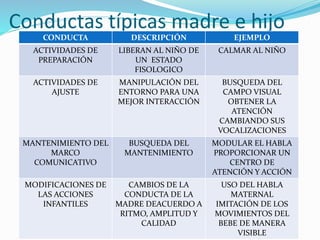Conductas típicas madre e hijo
CONDUCTA DESCRIPCIÓN EJEMPLO
ACTIVIDADES DE
PREPARACIÓN
LIBERAN AL NIÑO DE
UN ESTADO
FISOLOGICO
CALMAR AL NIÑO
ACTIVIDADES DE
AJUSTE
MANIPULACIÓN DEL
ENTORNO PARA UNA
MEJOR INTERACCIÓN
BUSQUEDA DEL
CAMPO VISUAL
OBTENER LA
ATENCIÓN
CAMBIANDO SUS
VOCALIZACIONES
MANTENIMIENTO DEL
MARCO
COMUNICATIVO
BUSQUEDA DEL
MANTENIMIENTO
MODULAR EL HABLA
PROPORCIONAR UN
CENTRO DE
ATENCIÓN Y ACCIÓN
MODIFICACIONES DE
LAS ACCIONES
INFANTILES
CAMBIOS DE LA
CONDUCTA DE LA
MADRE DEACUERDO A
RITMO, AMPLITUD Y
CALIDAD
USO DEL HABLA
MATERNAL
IMITACIÓN DE LOS
MOVIMIENTOS DEL
BEBE DE MANERA
VISIBLE
 