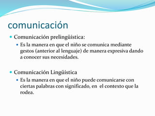 comunicación
 Comunicación prelingüística:
 Es la manera en que el niño se comunica mediante
gestos (anterior al lenguaje) de manera expresiva dando
a conocer sus necesidades.
 Comunicación Lingüística
 Es la manera en que el niño puede comunicarse con
ciertas palabras con significado, en el contexto que la
rodea.
 