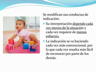 Se modifican sus conductas de
indicación:
 Su interpretación depende cada
vez menos de la situación y
cada vez requiere de menos
esfuerzo.
 La indicación se va haciendo
cada vez más convencional, por
lo que cada vez resulta más fácil
de reconocer por parte de los
demás.
 
