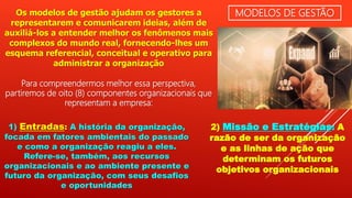 MODELOS DE GESTÃOOs modelos de gestão ajudam os gestores a
representarem e comunicarem ideias, além de
auxiliá-los a entender melhor os fenômenos mais
complexos do mundo real, fornecendo-lhes um
esquema referencial, conceitual e operativo para
administrar a organização
Para compreendermos melhor essa perspectiva,
partiremos de oito (8) componentes organizacionais que
representam a empresa:
1) Entradas: A história da organização,
focada em fatores ambientais do passado
e como a organização reagiu a eles.
Refere-se, também, aos recursos
organizacionais e ao ambiente presente e
futuro da organização, com seus desafios
e oportunidades
2) Missão e Estratégias: A
razão de ser da organização
e as linhas de ação que
determinam os futuros
objetivos organizacionais
 