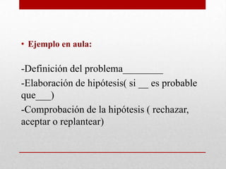 • Ejemplo en aula:

-Definición del problema________
-Elaboración de hipótesis( si __ es probable
que___)
-Comprobación de la hipótesis ( rechazar,
aceptar o replantear)
 