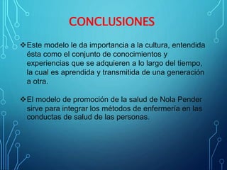 Este modelo le da importancia a la cultura, entendida
ésta como el conjunto de conocimientos y
experiencias que se adquieren a lo largo del tiempo,
la cual es aprendida y transmitida de una generación
a otra.
El modelo de promoción de la salud de Nola Pender
sirve para integrar los métodos de enfermería en las
conductas de salud de las personas.
CONCLUSIONES
 