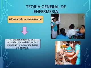 TEORIA GENERAL DE
ENFERMERIA
TEORIA DEL AUTOCUIDADO
El autocuidado es una
actividad aprendida por los
individuos y orientada hacia
un objetivo.
 