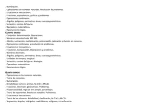 . Numeración.
. Operaciones con números naturales. Resolución de problemas.
. Ecuaciones e inecuaciones.
. Fracciones, equivalencias, gráficas y problemas.
. Operaciones combinadas.
. Ángulos, polígonos, perímetros, áreas, cuerpos geométricos.
. Seriación y conteo de figuras.
. Operadores matemáticos.
. Razonamiento lógico.
CUARTO GRADO
. Conjuntos: determinación. Operaciones.
. Números naturales hasta 999 999.
. Adición, sustracción, multiplicación, potenciación, radicación y división en números.
. Operaciones combinadas y resolución de problemas.
. Ecuaciones e inecuaciones.
. Fracciones. Comparación. Operaciones y problemas.
. Números decimales.
. Ángulos, polígonos, perímetros, áreas, cuerpos geométricos.
. Unidades de tiempo y longitud.
. Seriación y conteo de figuras. Analogías.
. Operadores matemáticos.
. Razonamiento lógico.
QUINTO GRADO
. Operaciones en los números naturales.
. Teoría de conjuntos.
. Numeración.
. Divisibilidad, números primos. M.C.M. y M.C.D.
. Fracciones. Decimales generatrices. Problemas.
. Proporcionalidad, regla de tres simple, porcentajes.
. Teoría de exponentes. Productos notables. Polinomios.
. Ecuaciones e inecuaciones.
. Teoría de los números: divisibilidad, clasificación, M.C.M. y M.C.D.
. Segmentos, ángulos, triángulos, cuadriláteros, polígonos, circunferencia.
 