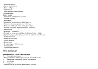 . Cuatro operaciones.
. Planteo de ecuaciones.
. Conteo de figuras.
. Criptogramas.
. Series. Analogías y distribuciones.
. Cortes y estacas.
SEXTO GRADO
. Operaciones en los números naturales.
. Teoría de conjuntos.
. Numeración.
. Divisibilidad, números primos. M.C.M. y M.C.D.
. Fracciones. Decimales generatrices. Problemas.
. Proporcionalidad, regla de tres simple, porcentajes.
. Teoría de exponentes. Productos notables. Polinomios.
. Factorización.
. Ecuaciones e inecuaciones.
. Teoría de los números: divisibilidad, clasificación, M.C.M. y M.C.D.
. Segmentos, ángulos, triángulos, cuadriláteros, polígonos, circunferencia.
. Cuatro operaciones.
. Planteo de ecuaciones.
. Conteo de figuras.
. Criptogramas.
. Series, analogías y distribuciones.
. Cortes y estacas.
. Operadores matemáticos
NIVEL SECUNDARIA
PRIMER GRADO DE EDUCACIÓN SECUNDARIA
1. Sistema de Numeración
Principios, Cambios de base, Operaciones de Números Naturales.
2. Operaciones con números enteros. Valor absoluto.
3. Divisibilidad
4. Conjuntos
Determinación de un conjunto, Relación entre conjuntos
 