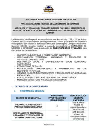 Página 1 de 15
La Universidad de Guayaquil, en cumplimiento con los artículos 150 y 152 de la Ley
Orgánica de Educación Superior y el Reglamento de Carrera y Escalafón del Profesor e
Investigador y con base en la aprobación efectuada por el órgano Colegiado Académico
Superior (OCAS), resuelve realizar la presente convocatoria al CONCURSO DE
MÉRITOS Y OPOSICIÓN para la selección de INVESTIGADORES TITULARES, para
los Centros de Excelencia de:
- CULTURA, SUBJETIVIDAD Y PARTICIPACIÓN CIUDADANA
- ORDENAMIENTO TERRITORIAL, URBANISMO Y TECNOLOGÍA DE
SISTEMAS CONSTRUCTIVOS
- DESARROLLO LOCAL Y EMPRENDIMIENTO SOCIO ECONÓMICO
SUSTENTABLE
- ECOSISTEMAS DE SALUD
- BIOTECNOLOGÍA, BIODIVERSIDAD, Y SOSTENIBILIDAD DE LOS
RECURSOS NATURALES
- CIENCIAS BÁSICAS, BIOCONOCIMIENTO Y TECNOLOGÍAS APLICADASA LA
PRODUCCIÓN
- FORTALECIMIENTO DE LA INSTITUCIONALIDAD DEMOCRÁTICA
- MODELOS EDUCATIVOS INTEGRALES E INCLUSIVOS
1. DETALLES DE LA CONVOCATORIA
i. INFORMACIÓN GENERAL
CENTRO DE EXCELENCIA
NÚMERO DE
INVESTIGADORES
REQUERIDOS
REMUNERACIÓN
MENSUAL
UNIFICADA
CULTURA, SUBJETIVIDAD Y
PARTICIPACIÓN CIUDADANA
4
US$ 4.200,00
(Cuatro mil
doscientos dólares
americanos)
ORDENAMIENTO TERRITORIAL,
URBANISMO Y TECNOLOGÍA DE
SISTEMAS CONSTRUCTIVOS
4
US$ 4.200,00
(Cuatro mil
doscientos dólares
americanos)
CONVOCATORIA A CONCURSO DE MERECIMIENTO Y OPOSICIÓN
PARA INVESTIGADORES TITULARES DE LA UNIVERSIDAD DE GUAYAQUIL
ART.150, 152 LEY ORGÁNICA DE EDUCACIÓN SUPERIOR Y ART.18 DEL REGLAMENTO DE
CARRERA Y ESCALAFÓN DE PROFESORES E INVESTIGADORES DEL SISTEMA DE EDUCACIÓN
SUPERIOR
 