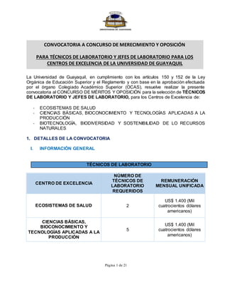 Página 1 de 21
La Universidad de Guayaquil, en cumplimiento con los artículos 150 y 152 de la Ley
Orgánica de Educación Superior y el Reglamento y con base en la aprobación efectuada
por el órgano Colegiado Académico Superior (OCAS), resuelve realizar la presente
convocatoria al CONCURSO DE MÉRITOS Y OPOSICIÓN para la selección de TÉCNICOS
DE LABORATORIO Y JEFES DE LABORATORIO, para los Centros de Excelencia de:
- ECOSISTEMAS DE SALUD
- CIENCIAS BÁSICAS, BIOCONOCIMIENTO Y TECNOLOGÍAS APLICADAS A LA
PRODUCCIÓN
- BIOTECNOLOGÍA, BIODIVERSIDAD Y SOSTENIBILIDAD DE LO RECURSOS
NATURALES
1. DETALLES DE LA CONVOCATORIA
I. INFORMACIÓN GENERAL
TÉCNICOS DE LABORATORIO
CENTRO DE EXCELENCIA
NÚMERO DE
TÉCNICOS DE
LABORATORIO
REQUERIDOS
REMUNERACIÓN
MENSUAL UNIFICADA
ECOSISTEMAS DE SALUD 2
US$ 1.400 (Mil
cuatrocientos dólares
americanos)
CIENCIAS BÁSICAS,
BIOCONOCIMIENTO Y
TECNOLOGÍAS APLICADAS A LA
PRODUCCIÓN
5
US$ 1.400 (Mil
cuatrocientos dólares
americanos)
CONVOCATORIA A CONCURSO DE MERECIMIENTO Y OPOSICIÓN
PARA TÉCNICOS DE LABORATORIO Y JEFES DE LABORATORIO PARA LOS
CENTROS DE EXCELENCIA DE LA UNIVERSIDAD DE GUAYAQUIL
 