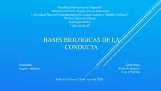 Republica Bolivariana de Venezuela
Ministerio del Poder Popular para la Educación
Universidad Nacional Experimental de los Llanos Centrales “Rómulo Gallegos”
Núcleo Valle de la Pascua
Psicología Medica
3 año sección 02
Facilitador Bachilleres:
Ángelo Ochipinti Rosnier González
C.I: 27766336
Valle de la Pascua 20 de mayo de 2020
BASES BIOLOGICAS DE LA
CONDUCTA
 