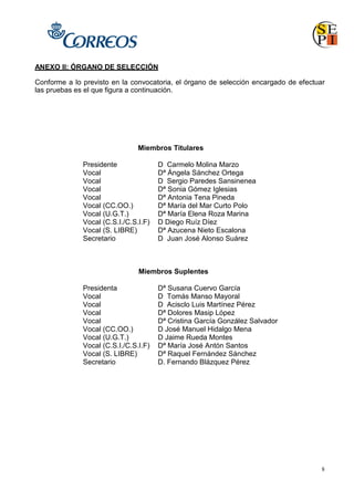 8
ANEXO II: ÓRGANO DE SELECCIÓN
Conforme a lo previsto en la convocatoria, el órgano de selección encargado de efectuar
las pruebas es el que figura a continuación.
Miembros Titulares
Presidente D Carmelo Molina Marzo
Vocal Dª Ángela Sánchez Ortega
Vocal D Sergio Paredes Sansinenea
Vocal Dª Sonia Gómez Iglesias
Vocal Dª Antonia Tena Pineda
Vocal (CC.OO.) Dª María del Mar Curto Polo
Vocal (U.G.T.) Dª María Elena Roza Marina
Vocal (C.S.I./C.S.I.F) D Diego Ruíz Díez
Vocal (S. LIBRE) Dª Azucena Nieto Escalona
Secretario D Juan José Alonso Suárez
Miembros Suplentes
Presidenta Dª Susana Cuervo García
Vocal D Tomás Manso Mayoral
Vocal D Acisclo Luis Martínez Pérez
Vocal Dª Dolores Masip López
Vocal Dª Cristina García González Salvador
Vocal (CC.OO.) D José Manuel Hidalgo Mena
Vocal (U.G.T.) D Jaime Rueda Montes
Vocal (C.S.I./C.S.I.F) Dª María José Antón Santos
Vocal (S. LIBRE) Dª Raquel Fernández Sánchez
Secretario D. Fernando Blázquez Pérez
 