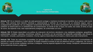 Capítulo IX
De los Derechos Ambientales.
Artículo 127, Es un derecho y un deber de cada generación proteger y mantener el ambiente en beneficio de sí misma y del mundo
futuro. Toda persona tiene derecho individual y colectivamente a disfrutar de una vida y de un ambiente seguro, sano y
ecológicamente equilibrado. Es una obligación fundamental del Estado, con la activa participación de la sociedad, garantizar que la
población se desenvuelva en un ambiente libre de contaminación, en donde el aire, el agua, los suelos, las costas, el clima, la capa
de ozono, las especies vivas, sean especialmente protegidos, de conformidad con la ley.
Artículo 128, El Estado desarrollará una política de ordenación del territorio atendiendo a las realidades ecológicas, geográficas,
poblacionales, sociales, culturales, económicas, políticas, de acuerdo con las premisas del desarrollo sustentable, que incluya la
información, consulta y participación ciudadana. Una ley orgánica desarrollará los principios y criterios para este ordenamiento.
Artículo 129, Todas las actividades susceptibles de generar daños a los ecosistemas deben ser previamente acompañadas de
estudios de impacto ambiental y socio cultural. El Estado impedirá la entrada al país de desechos tóxicos y peligrosos, así como la
fabricación y uso de armas nucleares, químicas y biológicas. Una ley especial regulará el uso, manejo, transporte y almacenamiento
de las sustancias tóxicas y peligrosas.
 