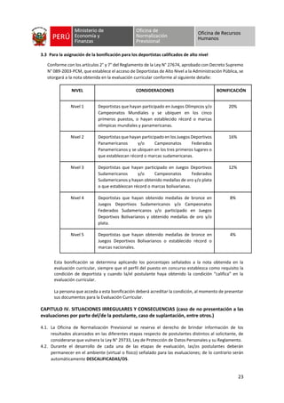 23
3.3 Para la asignación de la bonificación para los deportistas calificados de alto nivel
Conforme con los artículos 2° y 7° del Reglamento de la Ley N° 27674, aprobado con Decreto Supremo
N° 089-2003-PCM, que establece el acceso de Deportistas de Alto Nivel a la Administración Pública, se
otorgará a la nota obtenida en la evaluación curricular conforme al siguiente detalle:
NIVEL CONSIDERACIONES BONIFICACIÓN
Nivel 1 Deportistas que hayan participado en Juegos Olímpicos y/o
Campeonatos Mundiales y se ubiquen en los cinco
primeros puestos, o hayan establecido récord o marcas
olímpicas mundiales y panamericanas.
20%
Nivel 2 Deportistas que hayan participado en los Juegos Deportivos
Panamericanos y/o Campeonatos Federados
Panamericanos y se ubiquen en los tres primeros lugares o
que establezcan récord o marcas sudamericanas.
16%
Nivel 3 Deportistas que hayan participado en Juegos Deportivos
Sudamericanos y/o Campeonatos Federados
Sudamericanos y hayan obtenido medallas de oro y/o plata
o que establezcan récord o marcas bolivarianas.
12%
Nivel 4 Deportistas que hayan obtenido medallas de bronce en
Juegos Deportivos Sudamericanos y/o Campeonatos
Federados Sudamericanos y/o participado en Juegos
Deportivos Bolivarianos y obtenido medallas de oro y/o
plata.
8%
Nivel 5 Deportistas que hayan obtenido medallas de bronce en
Juegos Deportivos Bolivarianos o establecido récord o
marcas nacionales.
4%
Esta bonificación se determina aplicando los porcentajes señalados a la nota obtenida en la
evaluación curricular, siempre que el perfil del puesto en concurso establezca como requisito la
condición de deportista y cuando la/el postulante haya obtenido la condición “califica” en la
evaluación curricular.
La persona que acceda a esta bonificación deberá acreditar la condición, al momento de presentar
sus documentos para la Evaluación Curricular.
CAPITULO IV. SITUACIONES IRREGULARES Y CONSECUENCIAS (caso de no presentación a las
evaluaciones por parte del/de la postulante, caso de suplantación, entre otros.)
4.1. La Oficina de Normalización Previsional se reserva el derecho de brindar información de los
resultados alcanzados en las diferentes etapas respecto de postulantes distintos al solicitante, de
considerarse que vulnera la Ley N° 29733, Ley de Protección de Datos Personales y su Reglamento.
4.2. Durante el desarrollo de cada una de las etapas de evaluación, las/os postulantes deberán
permanecer en el ambiente (virtual o físico) señalado para las evaluaciones; de lo contrario serán
automáticamente DESCALIFICADAS/OS.
 
