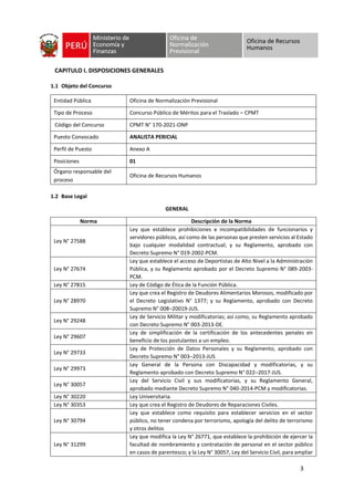 3
CAPITULO I. DISPOSICIONES GENERALES
1.1 Objeto del Concurso
Entidad Pública Oficina de Normalización Previsional
Tipo de Proceso Concurso Público de Méritos para el Traslado – CPMT
Código del Concurso CPMT N° 170-2021-ONP
Puesto Convocado ANALISTA PERICIAL
Perfil de Puesto Anexo A
Posiciones 01
Órgano responsable del
proceso
Oficina de Recursos Humanos
1.2 Base Legal
GENERAL
Norma Descripción de la Norma
Ley N° 27588
Ley que establece prohibiciones e incompatibilidades de funcionarios y
servidores públicos, así como de las personas que presten servicios al Estado
bajo cualquier modalidad contractual; y su Reglamento, aprobado con
Decreto Supremo N° 019-2002-PCM.
Ley N° 27674
Ley que establece el acceso de Deportistas de Alto Nivel a la Administración
Pública, y su Reglamento aprobado por el Decreto Supremo N° 089-2003-
PCM.
Ley N° 27815 Ley de Código de Ética de la Función Pública.
Ley N° 28970
Ley que crea el Registro de Deudores Alimentarios Morosos, modificado por
el Decreto Legislativo N° 1377; y su Reglamento, aprobado con Decreto
Supremo N° 008–20019-JUS.
Ley N° 29248
Ley de Servicio Militar y modificatorias; así como, su Reglamento aprobado
con Decreto Supremo N° 003-2013-DE.
Ley N° 29607
Ley de simplificación de la certificación de los antecedentes penales en
beneficio de los postulantes a un empleo.
Ley N° 29733
Ley de Protección de Datos Personales y su Reglamento, aprobado con
Decreto Supremo N° 003–2013-JUS
Ley N° 29973
Ley General de la Persona con Discapacidad y modificatorias, y su
Reglamento aprobado con Decreto Supremo N° 022–2017-JUS.
Ley N° 30057
Ley del Servicio Civil y sus modificatorias, y su Reglamento General,
aprobado mediante Decreto Supremo N° 040-2014-PCM y modificatorias.
Ley N° 30220 Ley Universitaria.
Ley N° 30353 Ley que crea el Registro de Deudores de Reparaciones Civiles.
Ley N° 30794
Ley que establece como requisito para establecer servicios en el sector
público, no tener condena por terrorismo, apología del delito de terrorismo
y otros delitos
Ley N° 31299
Ley que modifica la Ley N° 26771, que establece la prohibición de ejercer la
facultad de nombramiento y contratación de personal en el sector público
en casos de parentesco; y la Ley N° 30057, Ley del Servicio Civil, para ampliar
 