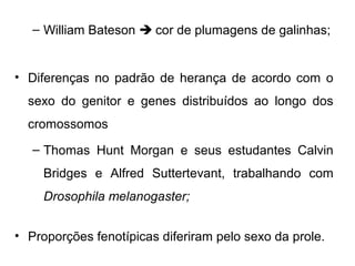– William Bateson  cor de plumagens de galinhas;
• Diferenças no padrão de herança de acordo com o
sexo do genitor e genes distribuídos ao longo dos
cromossomos
– Thomas Hunt Morgan e seus estudantes Calvin
Bridges e Alfred Suttertevant, trabalhando com
Drosophila melanogaster;
• Proporções fenotípicas diferiram pelo sexo da prole.
 