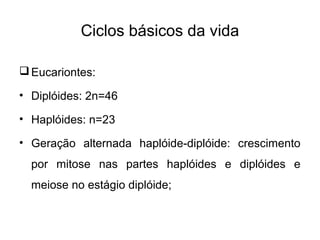Ciclos básicos da vida
Eucariontes:
• Diplóides: 2n=46
• Haplóides: n=23
• Geração alternada haplóide-diplóide: crescimento
por mitose nas partes haplóides e diplóides e
meiose no estágio diplóide;
 