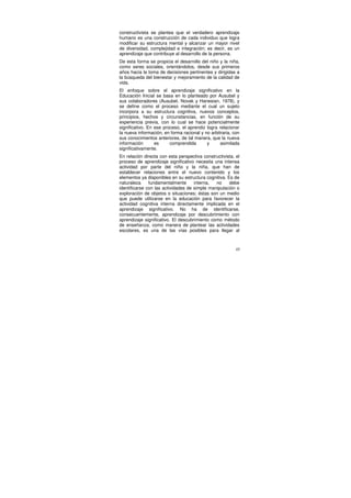 constructivista se plantea que el verdadero aprendizaje
humano es una construcción de cada individuo que logra
modificar su estructura mental y alcanzar un mayor nivel
de diversidad, complejidad e integración; es decir, es un
aprendizaje que contribuye al desarrollo de la persona.
De esta forma se propicia el desarrollo del niño y la niña,
como seres sociales, orientándolos, desde sus primeros
años hacia la toma de decisiones pertinentes y dirigidas a
la búsqueda del bienestar y mejoramiento de la calidad de
vida.
El enfoque sobre el aprendizaje significativo en la
Educación Inicial se basa en lo planteado por Ausubel y
sus colaboradores (Ausubel, Novak y Hanesian, 1978), y
se define como el proceso mediante el cual un sujeto
incorpora a su estructura cognitiva, nuevos conceptos,
principios, hechos y circunstancias, en función de su
experiencia previa, con lo cual se hace potencialmente
significativo. En ese proceso, el aprendiz logra relacionar
la nueva información, en forma racional y no arbitraria, con
sus conocimientos anteriores, de tal manera, que la nueva
información       es     comprendida       y      asimilada
significativamente.
En relación directa con esta perspectiva constructivista, el
proceso de aprendizaje significativo necesita una intensa
actividad por parte del niño y la niña, que han de
establecer relaciones entre el nuevo contenido y los
elementos ya disponibles en su estructura cognitiva. Es de
naturaleza     fundamentalmente      interna,  no     debe
identificarse con las actividades de simple manipulación o
exploración de objetos o situaciones; éstas son un medio
que puede utilizarse en la educación para favorecer la
actividad cognitiva interna directamente implicada en el
aprendizaje significativo. No ha de identificarse,
consecuentemente, aprendizaje por descubrimiento con
aprendizaje significativo. El descubrimiento como método
de enseñanza, como manera de plantear las actividades
escolares, es una de las vías posibles para llegar al



                                                          45
 