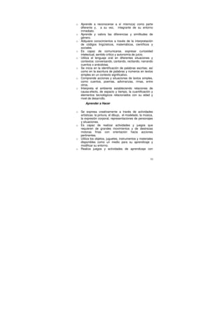 o   Aprende a reconocerse a sí mismo(a) como parte
    diferente y, a su vez, integrante de su entorno
    inmediato.
o   Aprende y valora las diferencias y similitudes de
    género.
o   Adquiere conocimientos a través de la interpretación
    de códigos lingüísticos, matemáticos, científicos y
    sociales.
o   Es capaz de comunicarse, expresar curiosidad
    intelectual, sentido crítico y autonomía de juicio.
o   Utiliza el lenguaje oral en diferentes situaciones y
    contextos: conversando, cantando, recitando, narrando
    cuentos o anécdotas.
o   Se inicia en la identificación de palabras escritas; así
    como en la escritura de palabras y números en textos
    simples en un contexto significativo.
o   Comprende acciones y situaciones de textos simples,
    como cuentos, poemas, adivinanzas, rimas, entre
    otros.
o   Interpreta el ambiente estableciendo relaciones de
    causa-efecto, de espacio y tiempo, la cuantificación y
    elementos tecnológicos relacionados con su edad y
    nivel de desarrollo.
       Aprender a Hacer

o   Se expresa creativamente a través de actividades
    artísticas: la pintura, el dibujo, el modelado, la música,
    la expresión corporal, representaciones de personajes
    y situaciones.
o   Es capaz de realizar actividades y juegos que
    requieren de grandes movimientos y de destrezas
    motoras finas con orientación hacia acciones
    pertinentes.
o   Utiliza los objetos, juguetes, instrumentos y materiales
    disponibles como un medio para su aprendizaje y
    modificar su entorno.
o   Realiza juegos y actividades de aprendizaje con


                                                            52
 