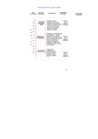 E s t r u c t u r a c u rr i c u l a r


    Ejes         Áreas de                               Aprendizajes
                                 Componentes                                Aprendizajes
Curriculares    Aprendizaje                              Esperados
                                                                             Esperados



         I                     Identidad y Género.           Definidos
                 Formación     Autoestima, Autonomía,           para
     A n         Personal y    Expresión de sentimientos,    maternal y
                   Social      Cuidado y seguridad personal. preescolar
     f t                       Convivencia: interacción
                               social, normas, deberes y
     e e                       derechos, costumbres,
 L                             tradiciones y valores.
     c l
 ú
                              Tecnología y calidad de vida,
     t i                      Características, cuidado y
 d                            preservación del ambiente.
               Relación con                                    Definidos
     i g                      Relación entre objetos, seres
                el Ambiente                                       para
 i                            vivos y situaciones del entorno.
                                                               maternal y
                              Procesos matemáticos:
     v e                                                       preescolar
 c                            Relaciones espaciales y
                              temporales, medida, forma,
     i                        cuantificación, peso, volumen,
 o                            serie numérica.
         n
     d
         c
     a                    Lenguaje oral
          Comunicación    Lenguaje escrito
       i Y representación Expresión plástica
     d                                                        Definidos
                          Expresión corporal
                                                                 para
       a                  Expresión musical
                                                              maternal y
                          Imitación y juego de
                                                              preescolar
                          roles




                                                                    60
 
